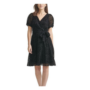 DKNY Size 10 Puff Sleeve Wrap Dress Black Velvet Animal Print Tie Waist